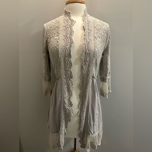 BKE Boutique Chiffon Lace overlay Flyaway Cardigan. Size XSmall Glacier …